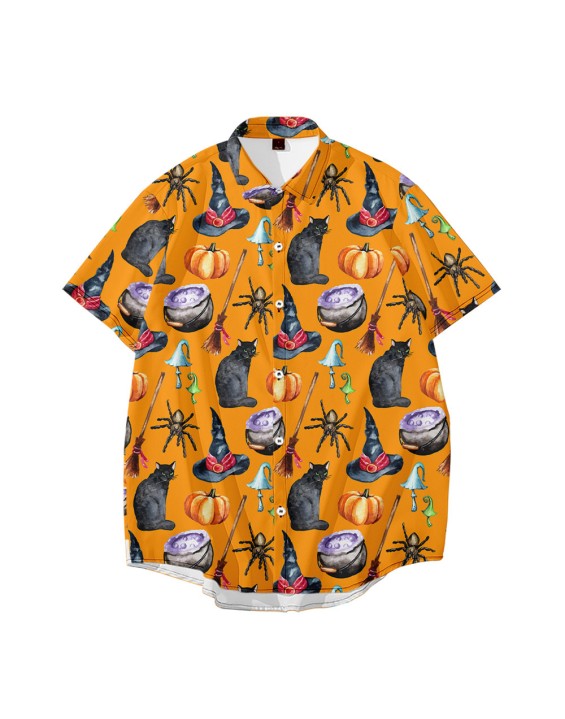 Halloween Witch's Hat Pumpkin Print Pattern Shirts  Short Sleeve Aloha Party Shirts