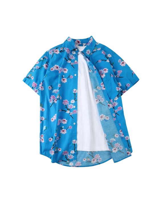 Fashion bright coloured executive blue aloha hawaiians men's shirt 100% cotton summer flowers printed