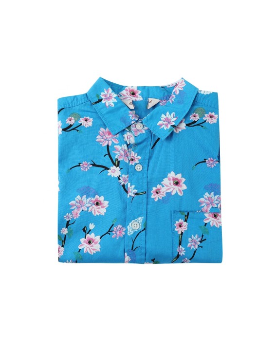 Fashion bright coloured executive blue aloha hawaiians men's shirt 100% cotton summer flowers printed