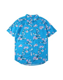 Fashion bright coloured executive blue aloha hawaiians men's shirt 100% cotton summer flowers printed