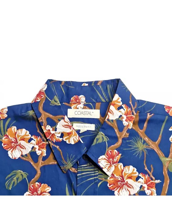 Summer 4 Way Stretch Fabric Short Sleeve Men's Button Down Collar Hawaiian Shirt Tropical Beach Shirts