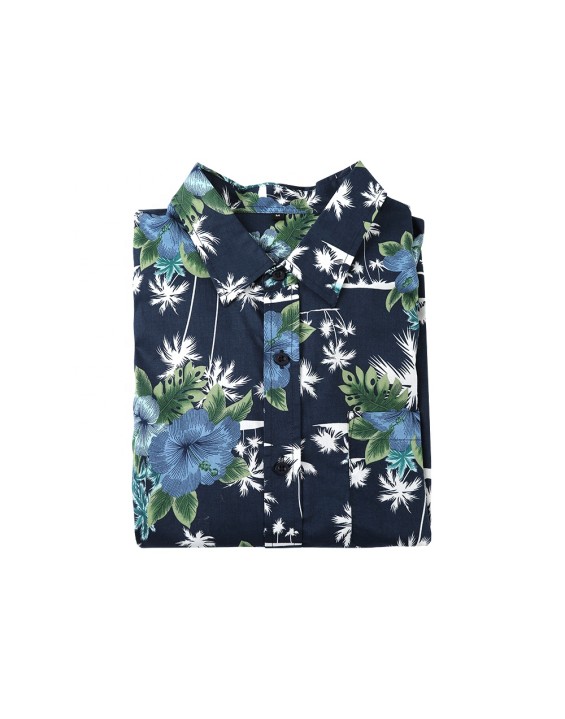 summer navy blue short sleeve summer button up floral loose beach shirt mens