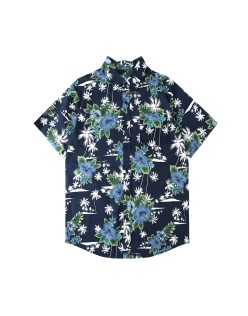 summer navy blue short sleeve summer button up floral loose beach shirt mens