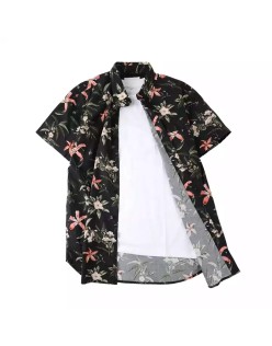 Button down fashion summer flower print cotton casual hawaiian shirts mens short sleeve