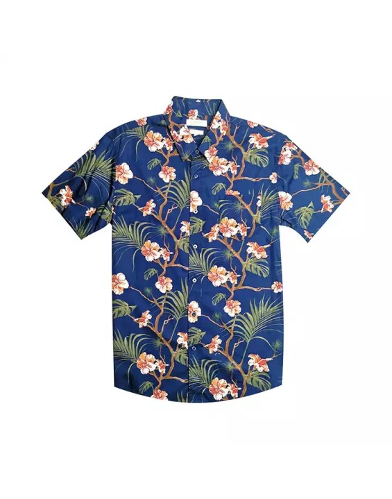 Design Printing US Size 100% Cotton Men Floral Fashion Summer Beach Wear Shirt  Full Button Down Hawaiian Shirts