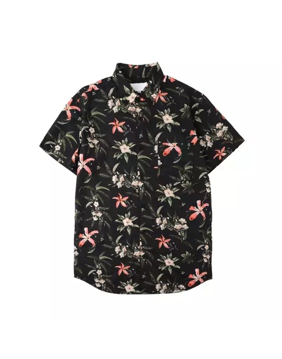 Button down fashion summer flower print cotton casual hawaiian shirts mens short sleeve