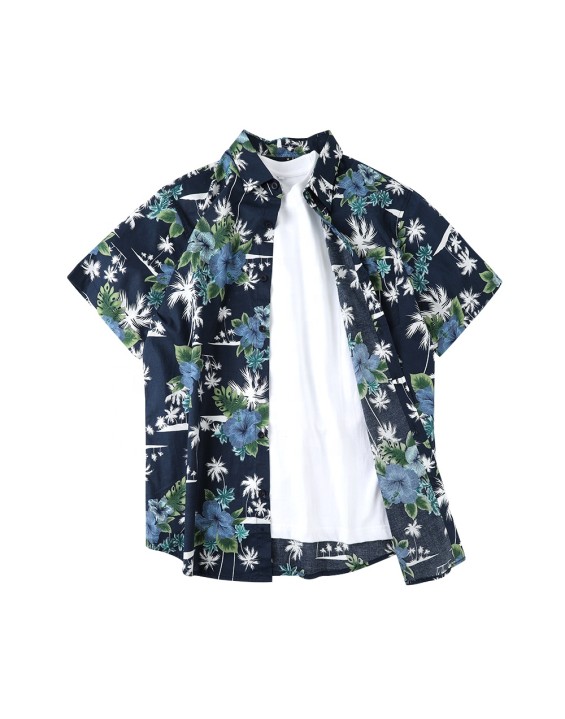 summer navy blue short sleeve summer button up floral loose beach shirt mens