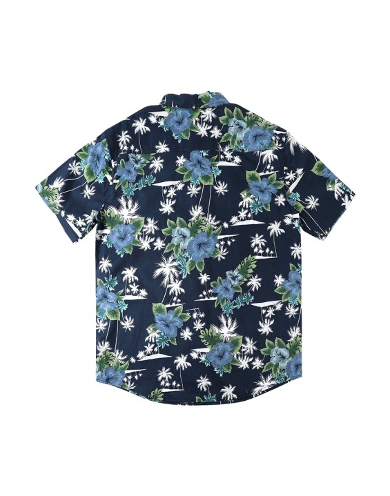 summer navy blue short sleeve summer button up floral loose beach shirt mens