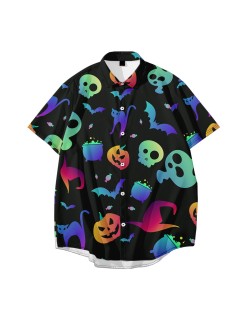 Halloween Witch's Hat Pumpkin Print Pattern Shirts  Short Sleeve Aloha Party Shirts